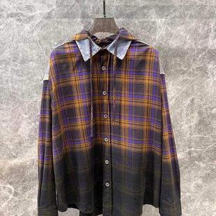 Fashionable Niche Gradient Old Plaid Denim Stitching Hooded Shirt Women's Autumn New Loose Plaid Shirt