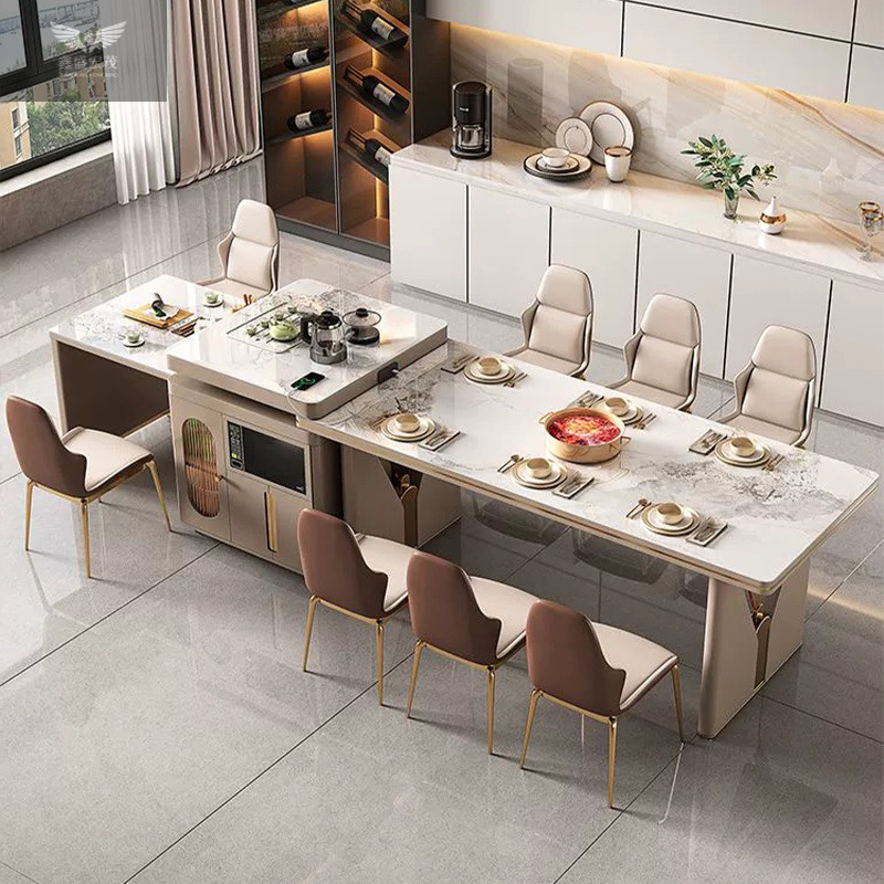 Mesa de comedor moderna de lujo ligera de roca de la isla de la mesa de comedor retráctil doméstica móvil multifuncional horno electromagnético mesa de comedor