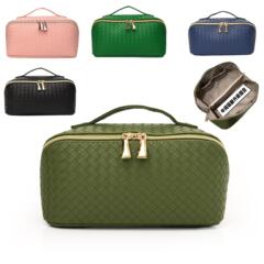 亞馬遜新款編織紋pu皮平鋪化妝包大容量護膚品手提收納包化妝師包