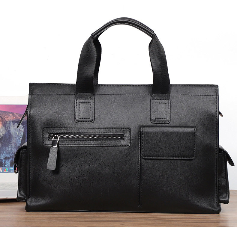 Túi xách tay nam da bò thật dung tích lớn 40×13×29 cm, đựng tài liệu và laptop 15,6 inch — Dây kéo dọc da bò màu đen, Dây kéo ngang da bò màu đen, Da cừu lớp đầu màu đen chi tiết 36
