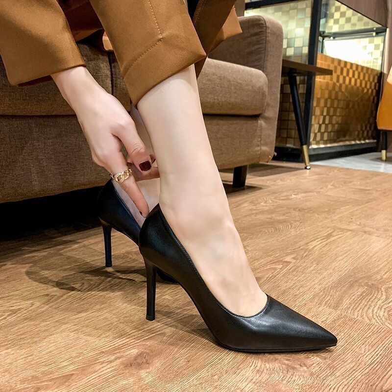 软皮工作鞋女黑色久站不累脚软皮职业单鞋舒适软底空乘高跟鞋细跟|undefined
