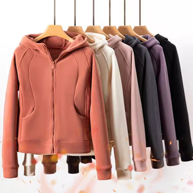 Double-Sided Fleece Windproof Warm Fleece-Lined Hooded Sweatshirt Sports Yoga Slim Waist Zipper Jacket Women's Top