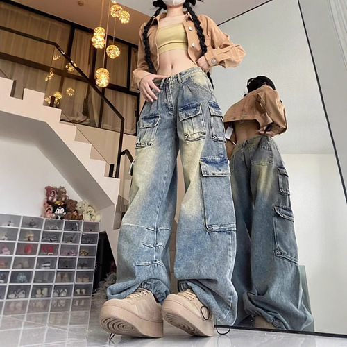 Fat MM large size women's retro denim jeans with multi-pocket design, unique style, American wide-leg loose work pants