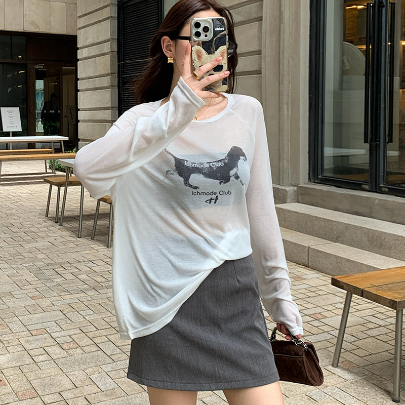 美式腊肠狗长袖T恤女夏季外穿防晒微透罩衫休闲印花宽松慵懒上衣