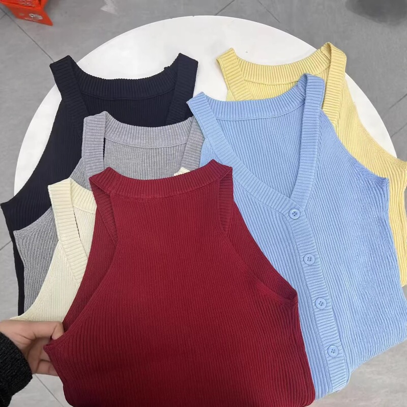 French-Style Buttoned V-Neck Halter Knit Vest for Women, Summer Thin Style, Versatile for Layering or Wearing Alone, Unique Retro Cardigan Top