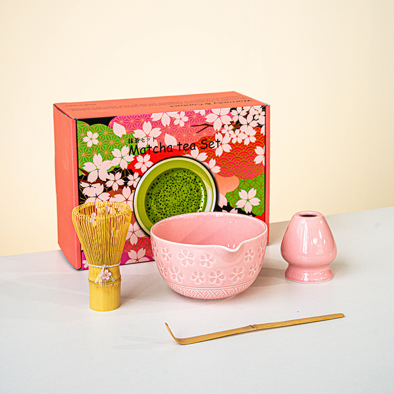 FJT 사쿠라 와이드 입 그릇 핑크 4종 세트(사쿠라 박스 그린 패턴)