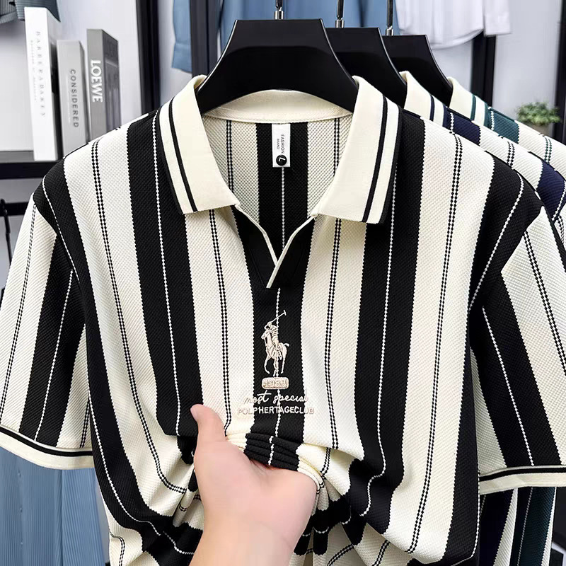 Polo Shirt Exquisite Embroidered Top Summer New Stripesd Contrast Short-Sleeved V Neck Casual Trendyy Men's Loose T-Shirt
