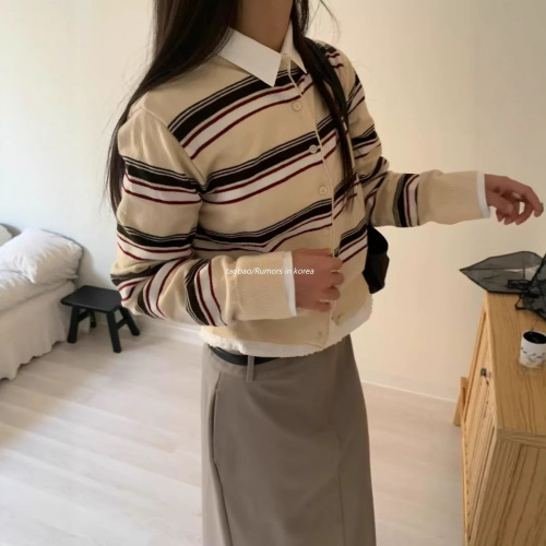 Three-Color 25 Spring Summer Korean Instagram Retro Striped Knit Thin Cardigan Outerwear Sun Shirt School Day Japanese Style