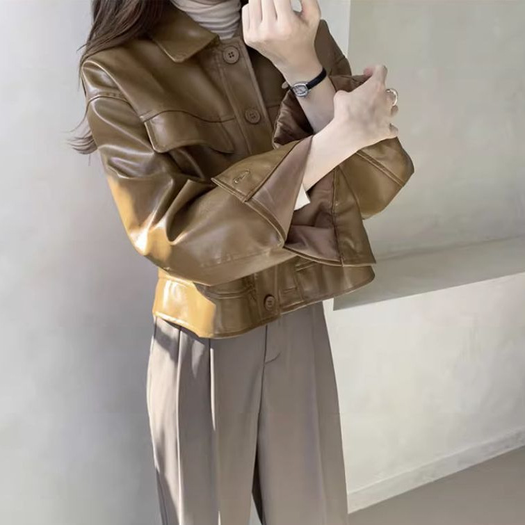 Korean Chic Autumn Niche Stylish Lapel Single-Breasted Loose Casual Long-Sleeve Biker Leather Jacket Short Coat for Women