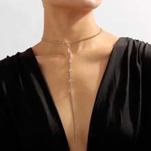 N10968跨境欧美简约仿钻项链 创意流苏设计单层颈链个性长款项饰