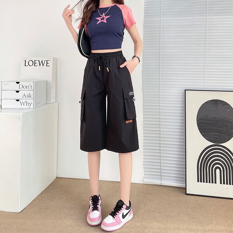 Casual Thin Sports Shorts, New Style, Personalized Workwear Mid-Length Pants, Straight-Leg Cropped Pants for Women, Summer Loose Fit for Students Casual Thin Sports Shorts, New Style, Personalized Workwear Mid-Length Pants, Straight-Leg Cropped Pants for Women, Summer Loose Fit for Students