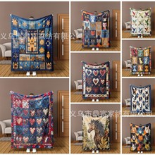 jit新款跨境热销复古拼布法兰绒毛毯 格子猫狗设计旅行毯家居盖毯