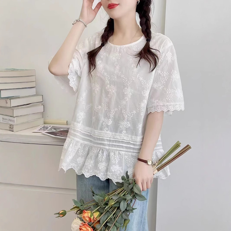 Summer New Short-Sleeved Shirt Forest Lace Fully Embroidered Cotton Round Neck Pullover Cotton T-Shirt Top 45360