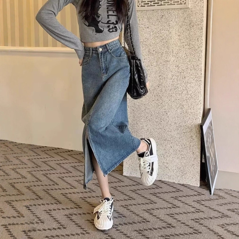 Retro Slit Denim Skirt A-Line Skirt 2025 Autum High-Waisted Mid-Length Skirt for Small People to Look Slim
