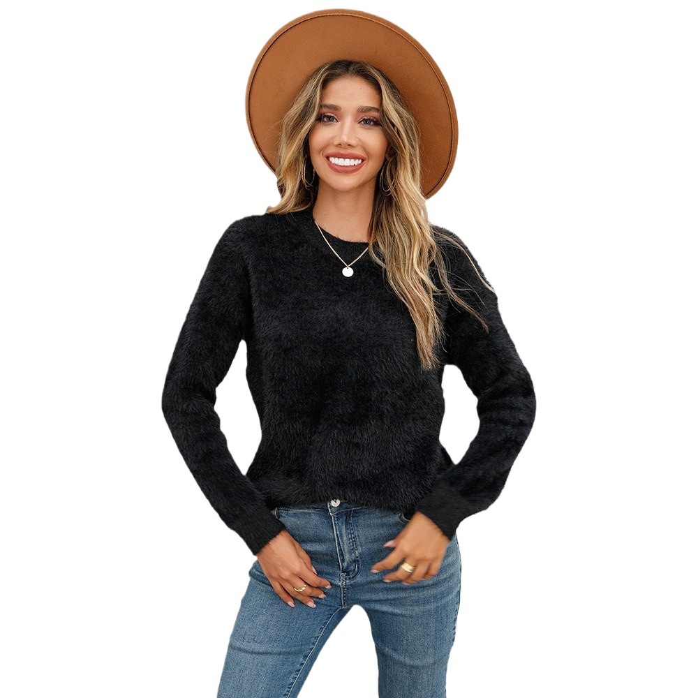 Suéter de punto de cuello redondo de manga larga de color liso, estilo nuevo de primavera 2026, talla grande, de felpa, exportación europea y americana, superventas.
