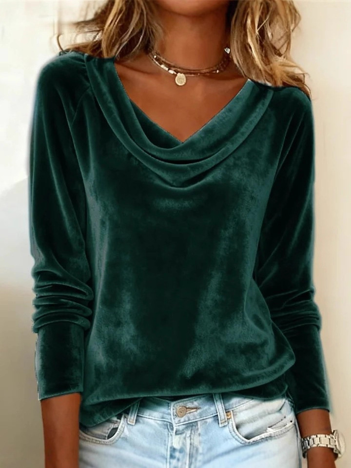 Elegant Women's Fashion New Solid Color V-Neck Long Sleeve Sexy Velvet T-Shirt