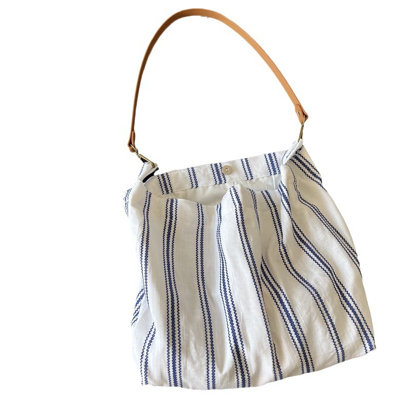 French Romantic Blue Striped Tote Bag - Niche Texture Commuter Shoulder Bag, Versatile Women's Leather Strap Underarm Bag - Thumbnail 5