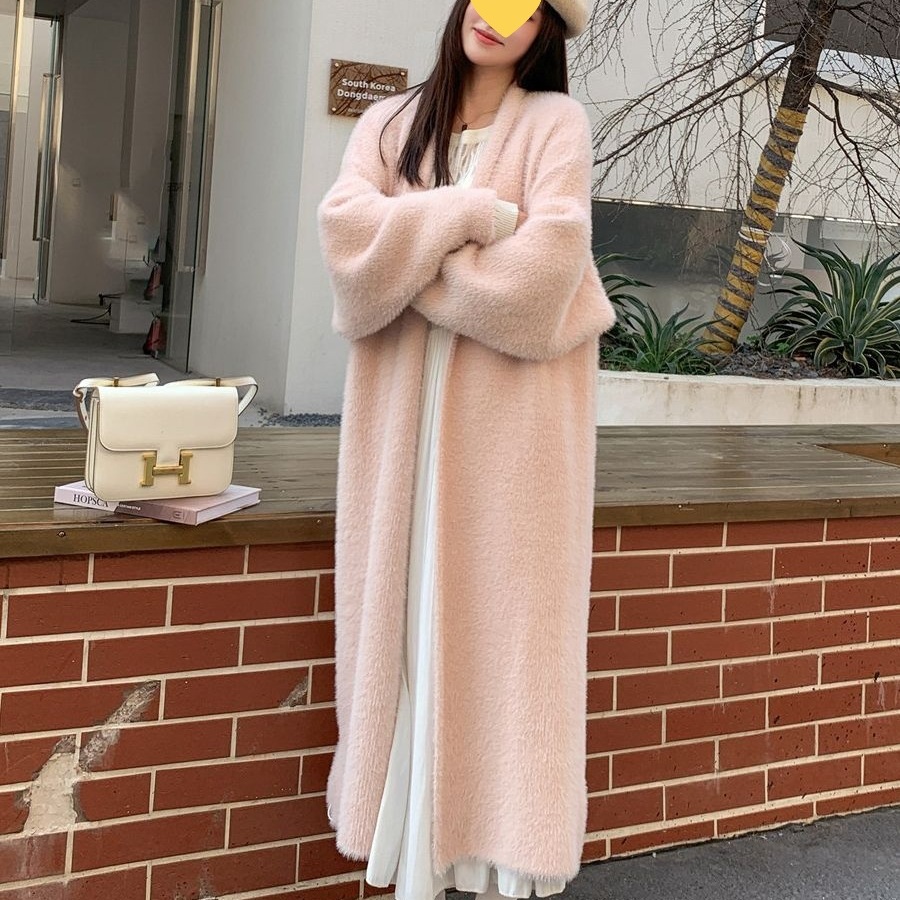慵懒风宽松过膝长款加厚纯欲仿水貂绒针织毛衣开衫外套女大衣