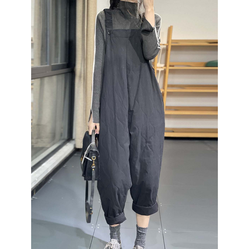 冬季原创文艺韩版宽松休闲时尚个性慵懒百搭纯色夹棉背带垮裤
