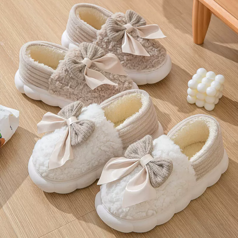 棉拖鞋女秋冬季蝴蝶结厚底女款保暖加绒家用毛棉鞋女外穿冬新款