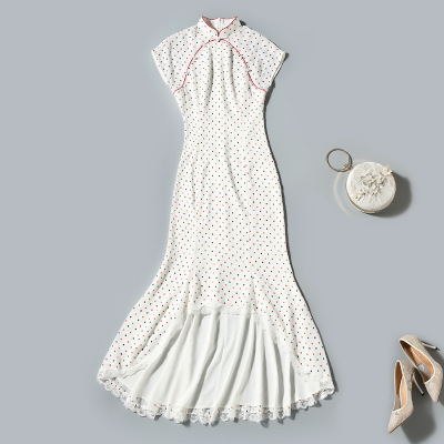 2021夏新款连肩无袖改良版连衣裙天丝棉波点印花鱼尾蕾丝边旗袍裙|ms