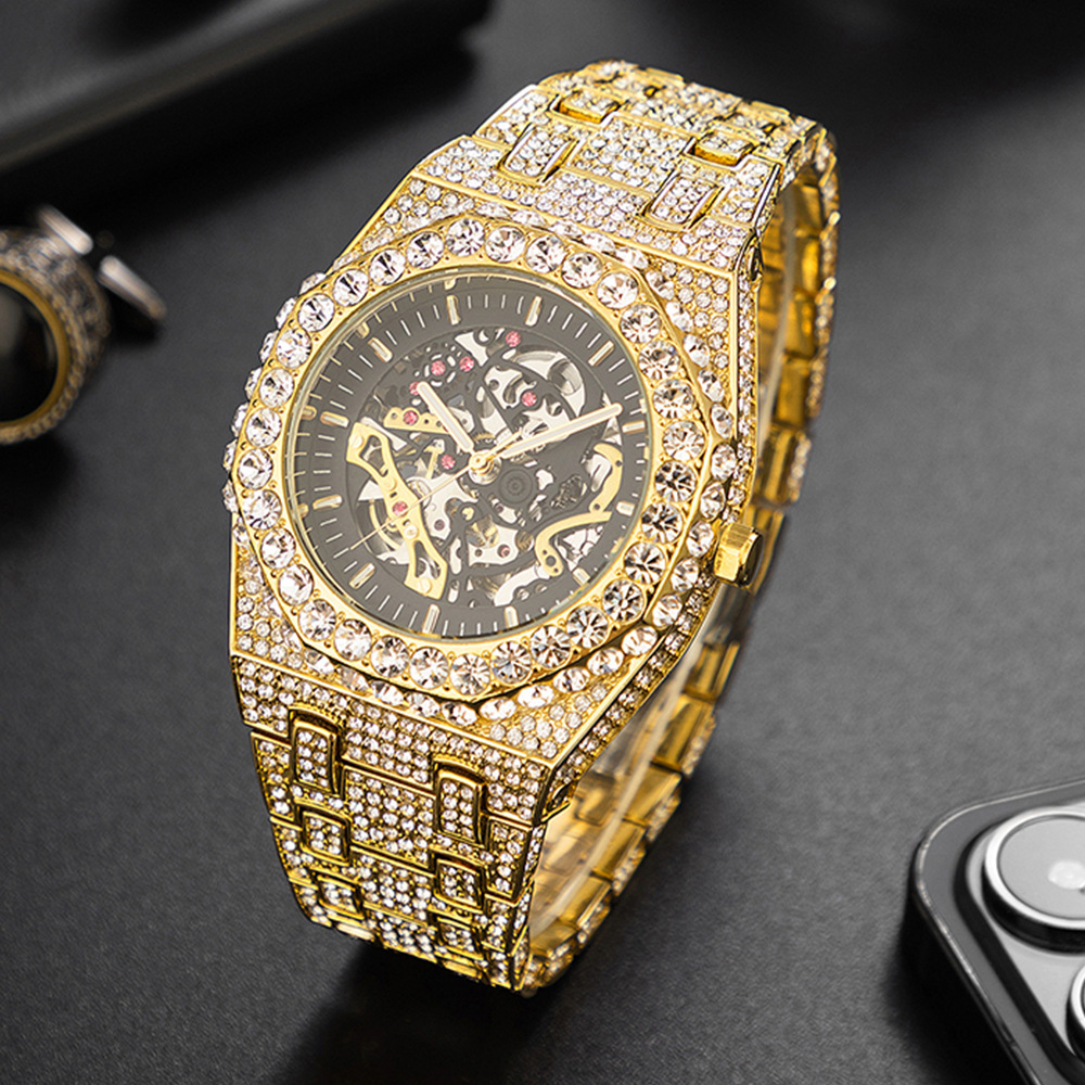 MISSFOX Full Diamond Hip Hop Party Automatic Hollow out Mechanical Men's All Night Glow Watch_voghion.com