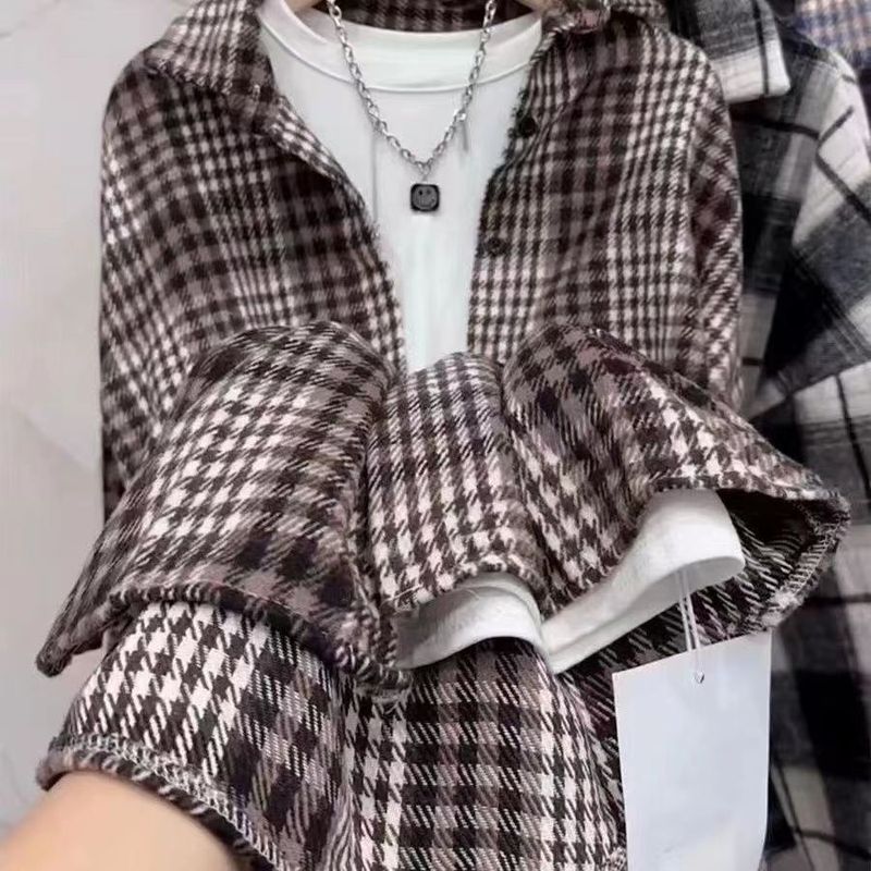 毛呢外套格子衬衫女2025秋冬新款韩版复古港味宽松加厚磨毛衬衣女|undefined