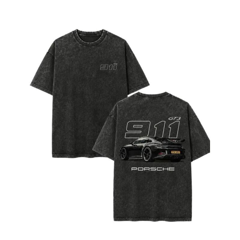 GT11 Supercar Heavyweight Track T-Shirt, Street Style Loose Fit, Vintage Porsche Washed, Unisex, Cotton, Gray and Black