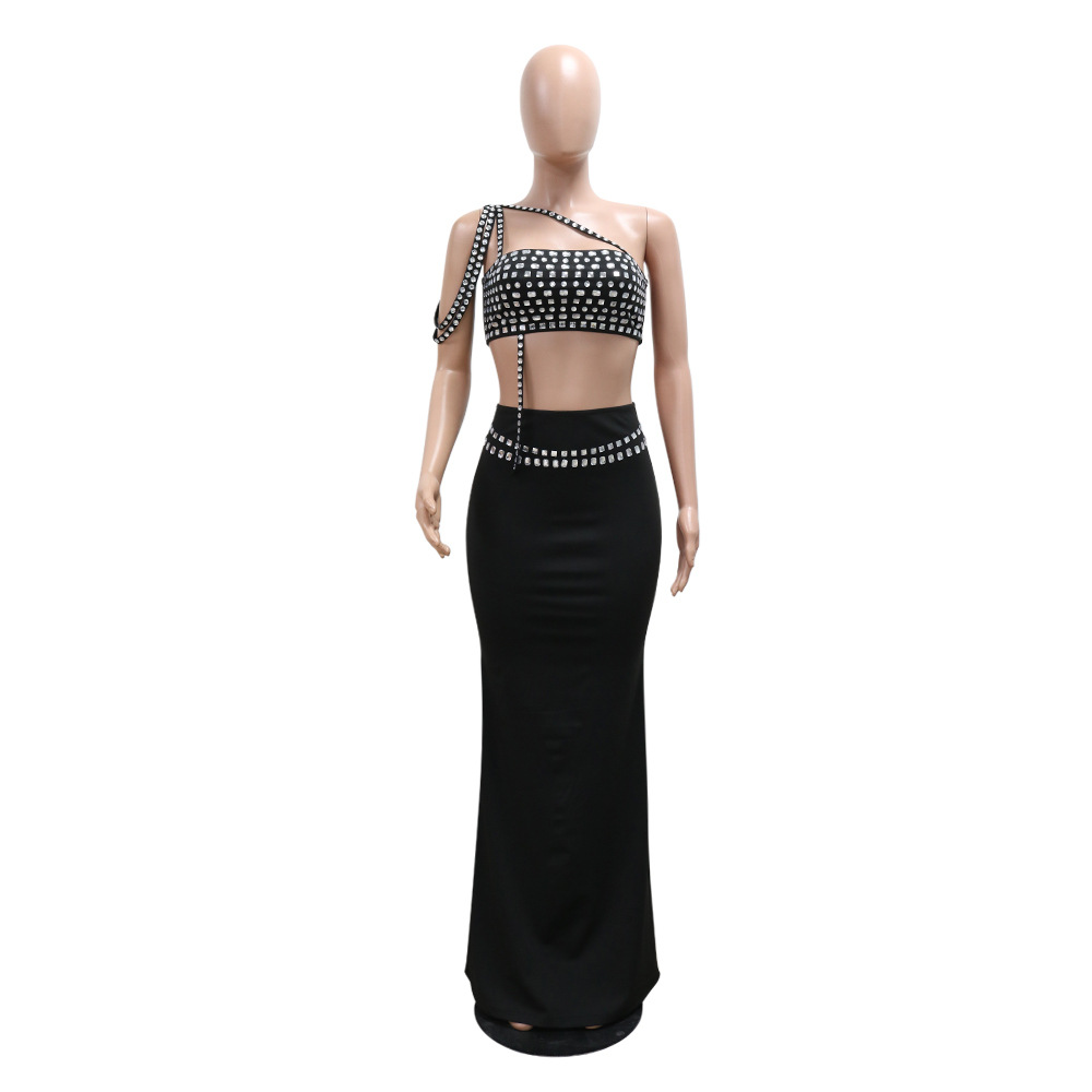 Suspenders Short Rhinestone Top with Slim Fit Package Hip Skirt Sets