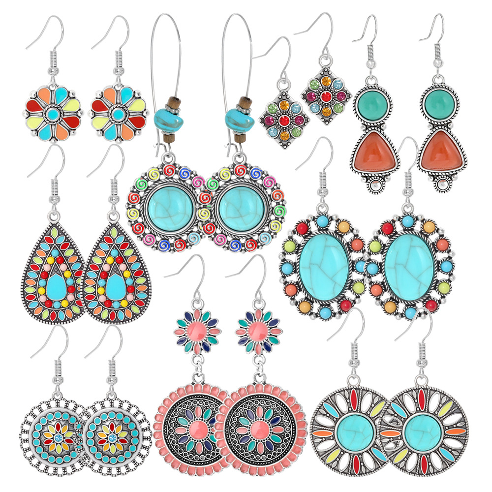 Juego de pendientes de estilo bohemio, muy vendido en el extranjero, pendientes de estilo antiguo populares en Europa y América, fabricante de joyería de Amazon al por mayor