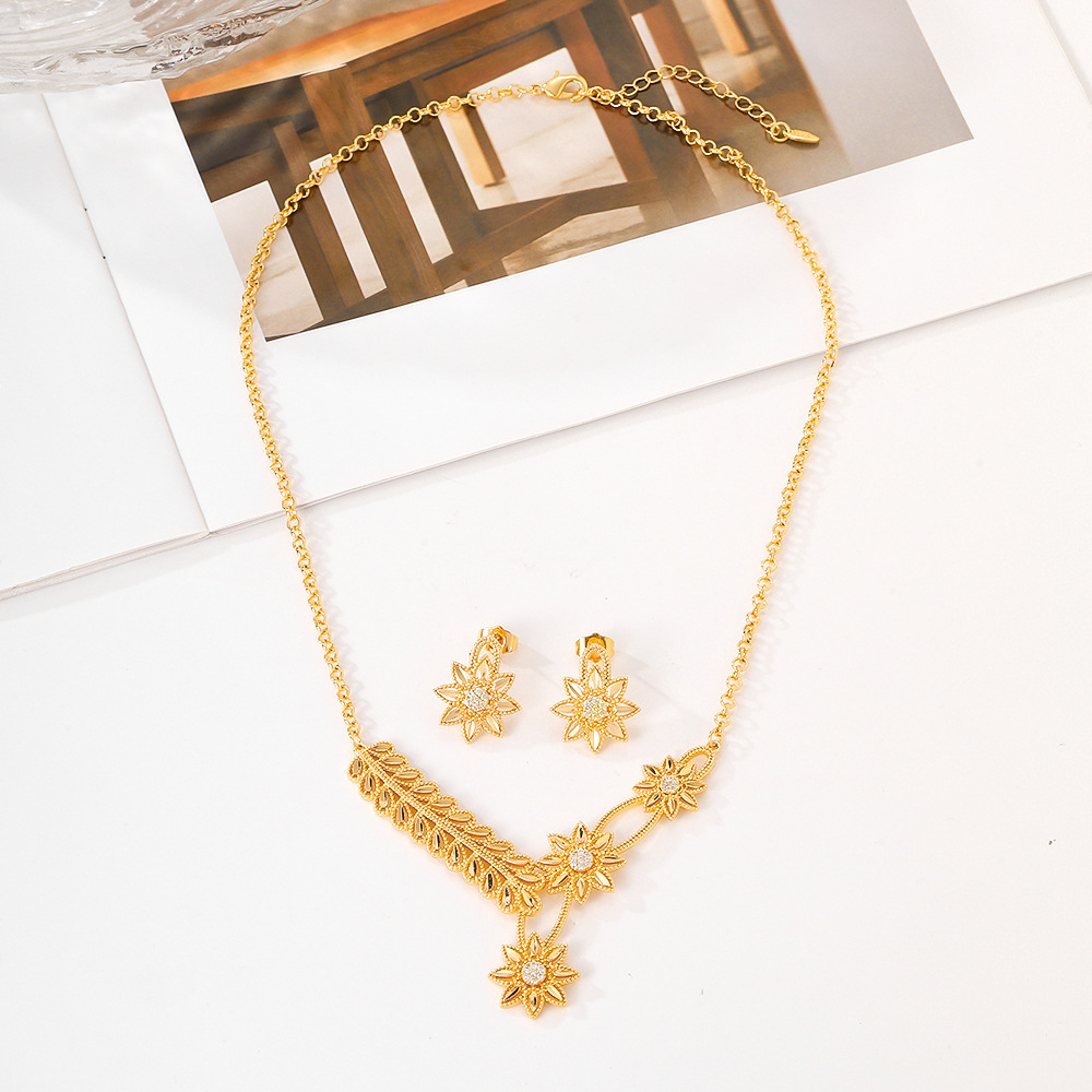 Joyería de moda europea y americana para mujeres aretes de bronce de piedra de aluminio collar de dos piezas juegos de joyería de moda transfronteriza en el Medio Oriente