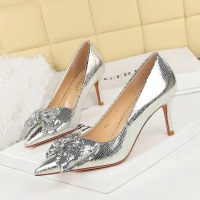 3391-AH76 Banquet High Heels with Thin Heels, Sharp Pointed Burst Pattern, Shallow Mouth Sparkle, Butterfly Knot Buckle, Single Shoes for Women