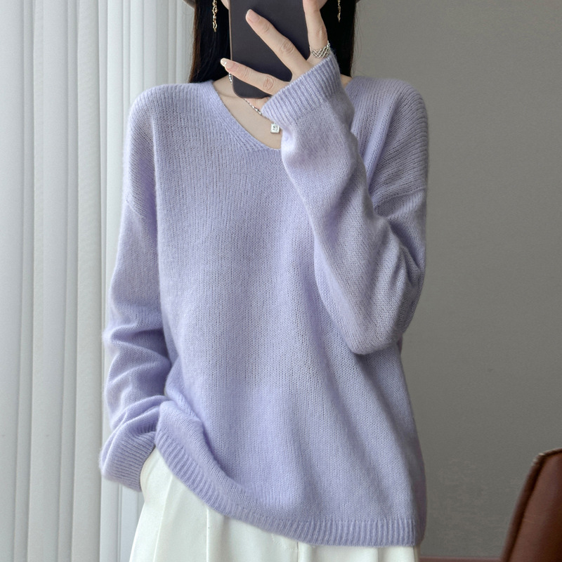 天丝羊毛针织衫女式V领圆领套头内搭小众百搭设计感纯色长袖打底|undefined