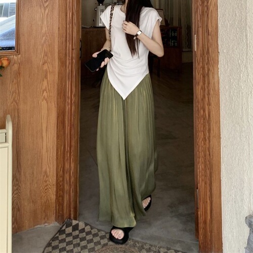 Flowing and Floating Green Casual Pants for Women - Summer 2025 High-Waisted Pleated Loose Wide-Legged Pants