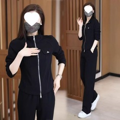 休闲运动服套装女2025春秋新款时尚洋气显瘦立领开衫阔腿裤两件套