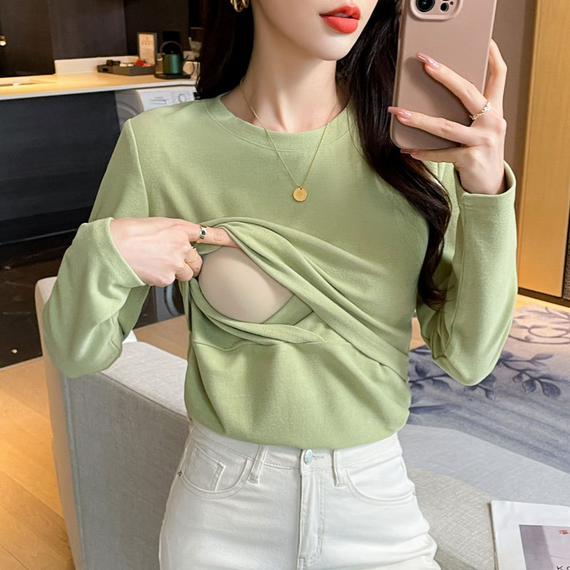 Spring and Autumn New Casual Thickened Warm Nursing Fleece T-Shirt Postpartum Skin-Friendly Slimming Breastfeeding Base Top