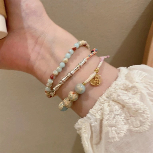 New Chinese-style imitation Shoushan stone bead bracelet for girls, vintage bamboo knot bracelet for female friends, colorful handmade woven jewelry