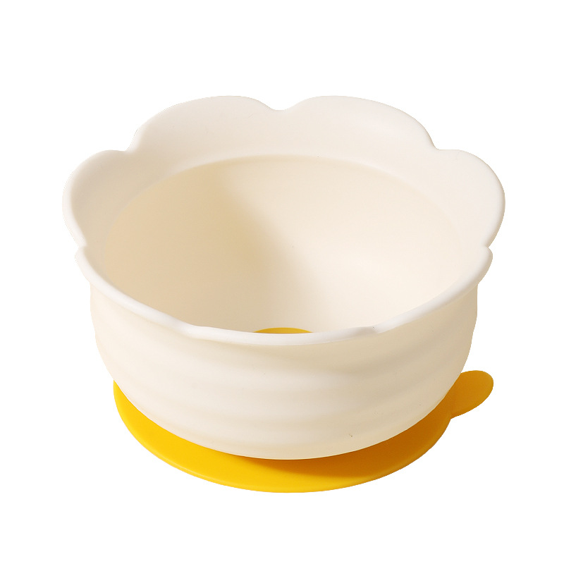 Bowl de alimentos suplementarios para bebés, tazón especial para bebés, plato de comida, ventosa integrada, huevo de silicona, tazón de flores, cubiertos para niños