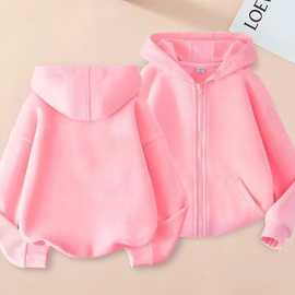 男女童春秋季薄款开衫时尚连帽卫衣中大童纯色休闲外套拉链卫衣潮