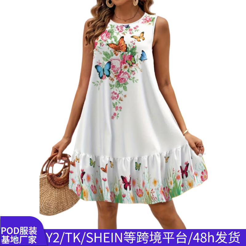 European and American Summer New Style Printed Sleeveless Round Neck Dress with Ruffles, A-Line Loose Casual Dress, Cross-Border Women's Clothing European and American Summer New Style Printed Sleeveless Round Neck Dress with Ruffles, A-Line Loose Casual Dress, Cross-Border Women's Clothing