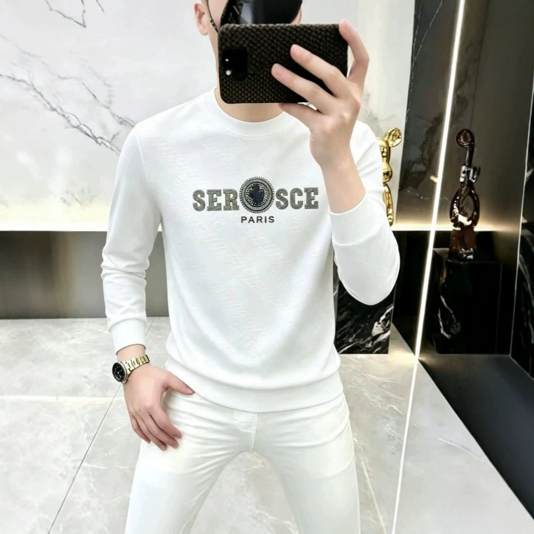 Spring and Autumn Trendy Printed Sweatshirt for Men, Crew Neck, Long Sleeve, White Undershirt, High-Quality T-Shirt, Versatile Top for Youth