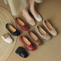 Leather round head bowknot shallow mouth single shoes, sheepskin retro ballet flat shoes, sugar-dumpling shoes, soft