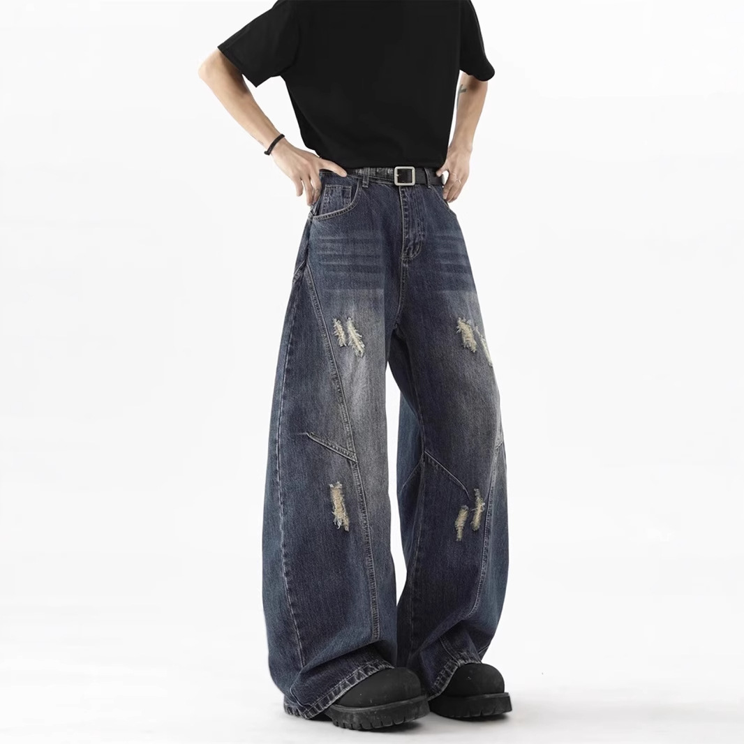 Deconstructed Ripped Curved Blade Straight Leg Jeans, Unisex Oversized Clean Fit High Street Casual Denim Pants_mkmklike.com