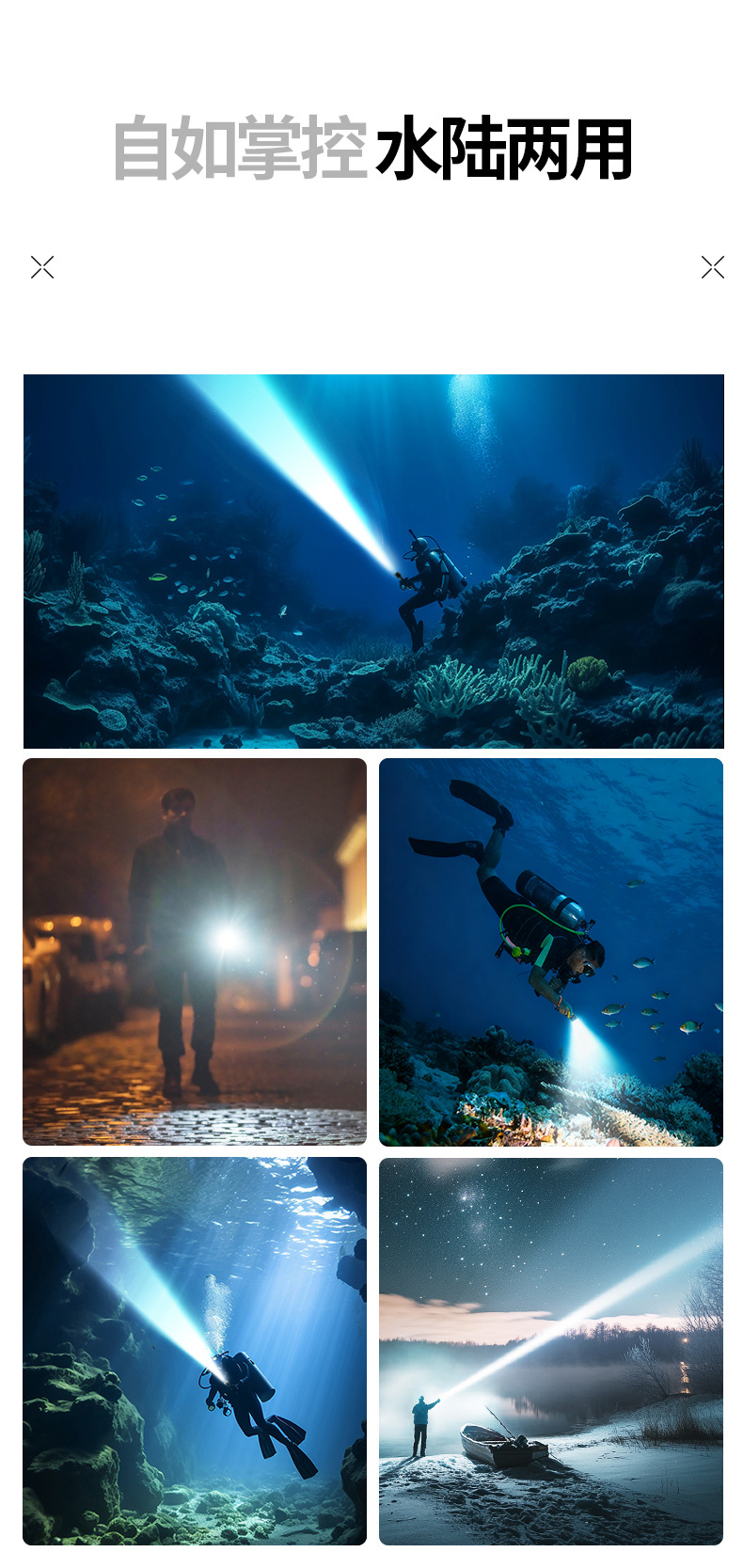 Cross-Border New Led Diving Strong Light Ultra-Bright Waterproof USB Charging Long-Range Long-Life Deep Diving Flashlight for Fishing