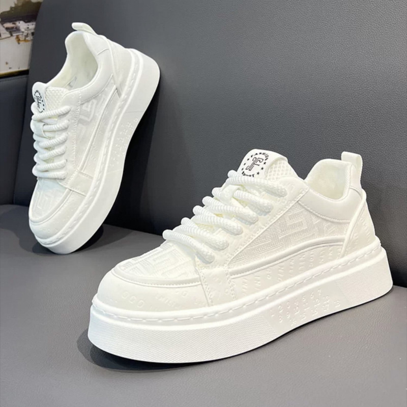 Men's Summer Breathable Trendy Casual White Sneakers for Teenagers, Thick-Soled White Shoes for Sports