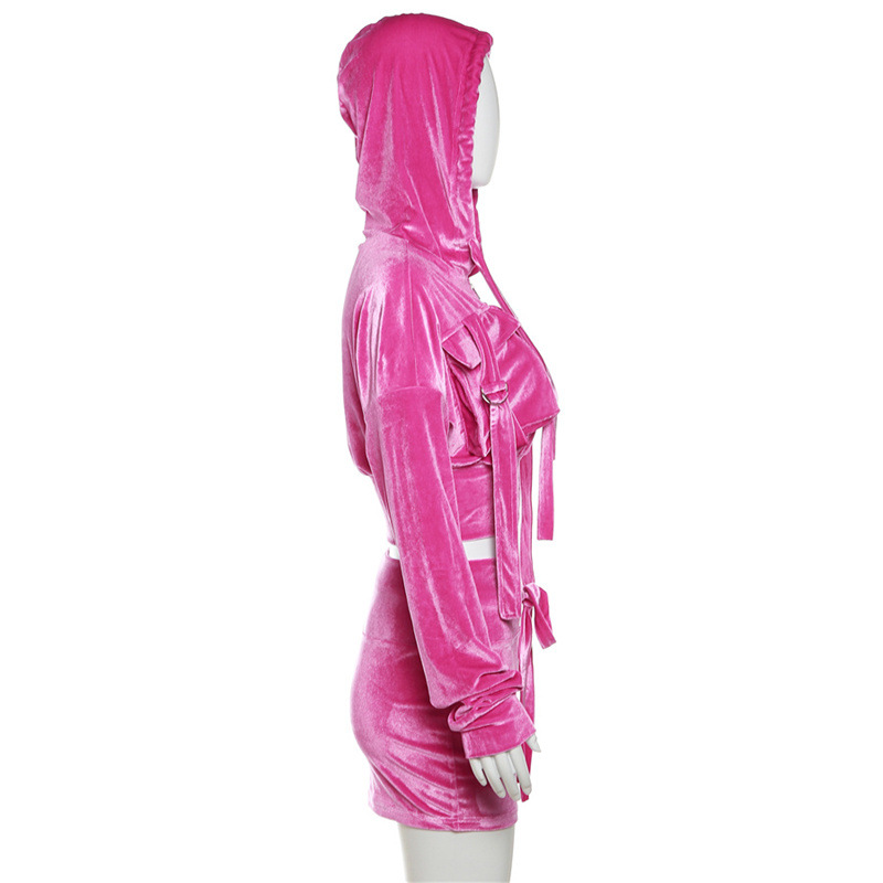 Fall Women Clothing Personalized Hooded Pocket Cardigan Short High Waist Casual Skirt Set