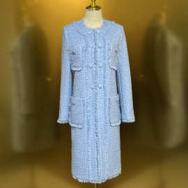 羊毛软呢长袖大衣2024科冬圆领长袖多口袋中长毛呢外套浅蓝色风衣