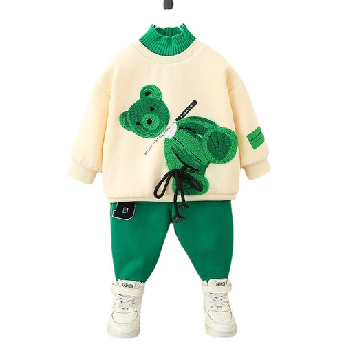 Boys and girls, young and middle-aged children, Western style cartoon sweatshirts and sweatpants two-piece set  autumn and winter new style velvet tops and trousers trendy