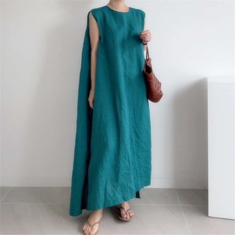 8511 Korean Sleeveless Cotton and Linen Skirt 2025 Summer New Round Neck Loose Vest Long Slit Dress