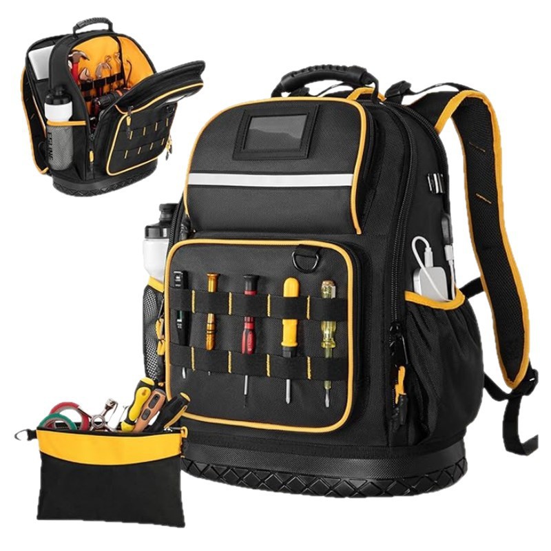 Mochilero de herramientas de tela Oxford con bolsa de herramientas de fondo duro Kit de herramientas pesado con múltiples bolsillos y funda para computadora portátil